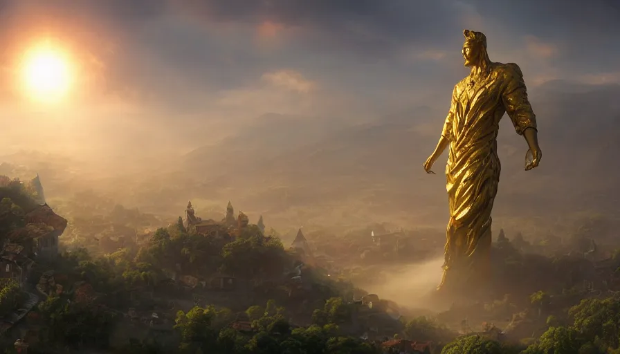 Prompt: Giant golden statue with village built all around in a middle of flowery mountains with giant sun behind, light morning fog, hyperdetailed, artstation, cgsociety, 8k