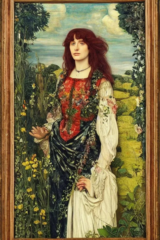 Prompt: a pre-raphaelite portrait of a woman in a mythical dress with floral decoration