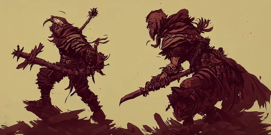 Image similar to warrior character design, idle, attack, sprite, darkest dungeon, pc game, sideview, art by moebius and greg rutkowski.