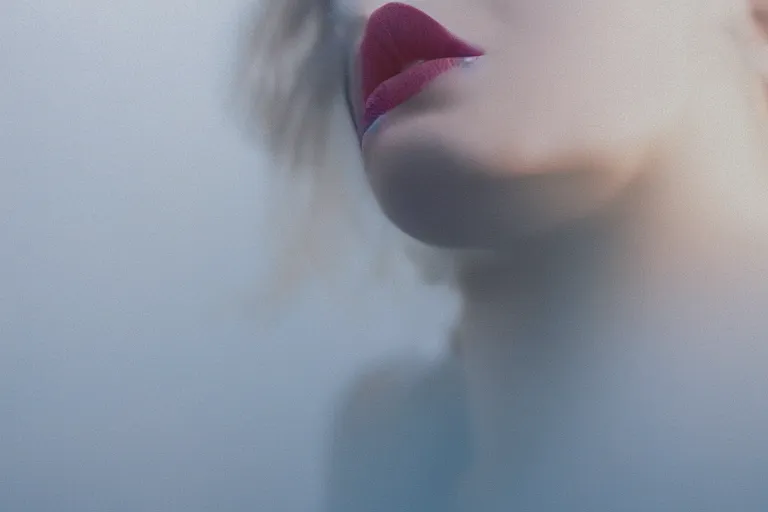 Image similar to film photography, minimalism, lips with smeared lipstick in in blue fog, low shutter speed, golden hour, 35mm, motion blur