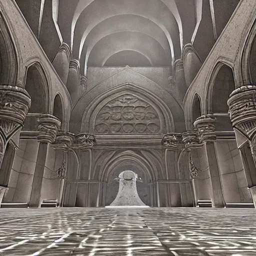 Image similar to the grand halls of anor londo, marble floors, art by kotaro chiba, volumetric lighting, epic composition