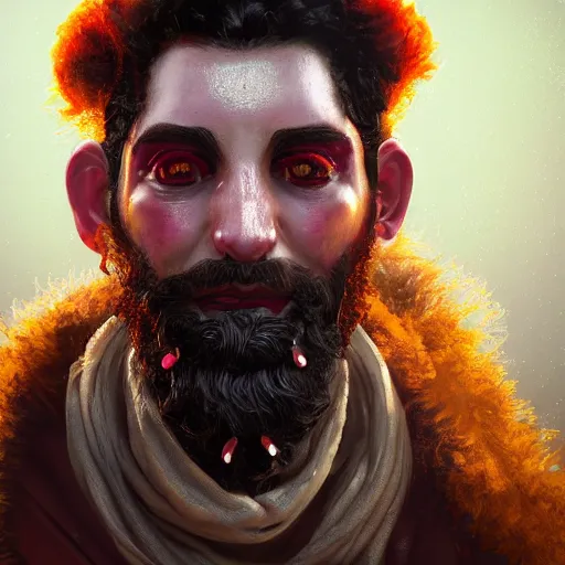 Image similar to an oil art close up portrait of young man, roma mage, with lovecraftian magic in style of disco elysium character, gipsy man jester character design from ravenloft, 4 k, ultra detail, volumetric lighting, unreal engine, octane render