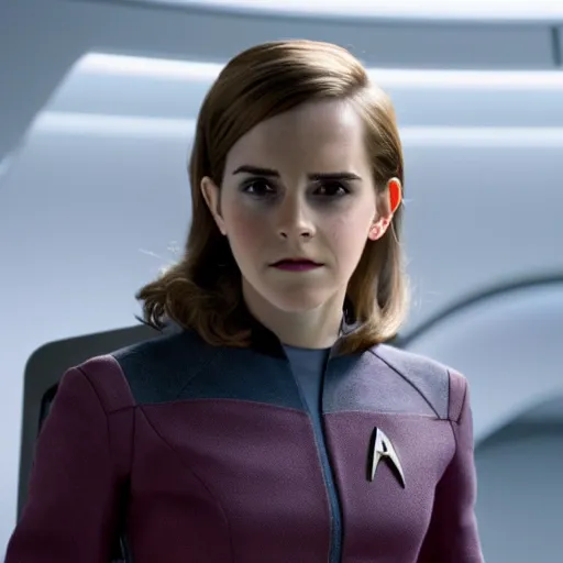 Image similar to Emma Watson in Star Trek, XF IQ4, f/1.4, ISO 200, 1/160s, 8K, Sense of Depth, color and contrast corrected, AI enhanced, Dolby Vision, symmetrical balance, in-frame