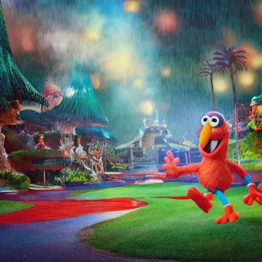 Prompt: stunning, coherent, impressive, detailed still of black family kicking elmo in a fantasy dream world park, follow shot, 3d, in the style of pixar, comic book style, 3d, highly detailed, sharp focus, bokeh, depth of field, 16k resolution, Unreal Engine 5, coherent, cinematic lighting, photorealistic, by Zhang Jingna