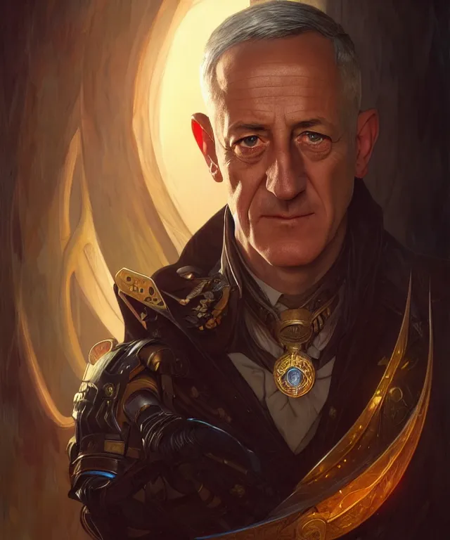 Image similar to Benny Gantz as a fantasy magic man portrait, sci-fi, amber eyes, face, fantasy, intricate, elegant, highly detailed, digital painting, artstation, concept art, smooth, sharp focus, illustration, art by artgerm and greg rutkowski and alphonse mucha