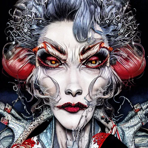 Image similar to portrait closeup of crazy cruella de vil, symmetrical, by yoichi hatakenaka, masamune shirow, josan gonzales and dan mumford, ayami kojima, takato yamamoto, barclay shaw, karol bak, yukito kishiro