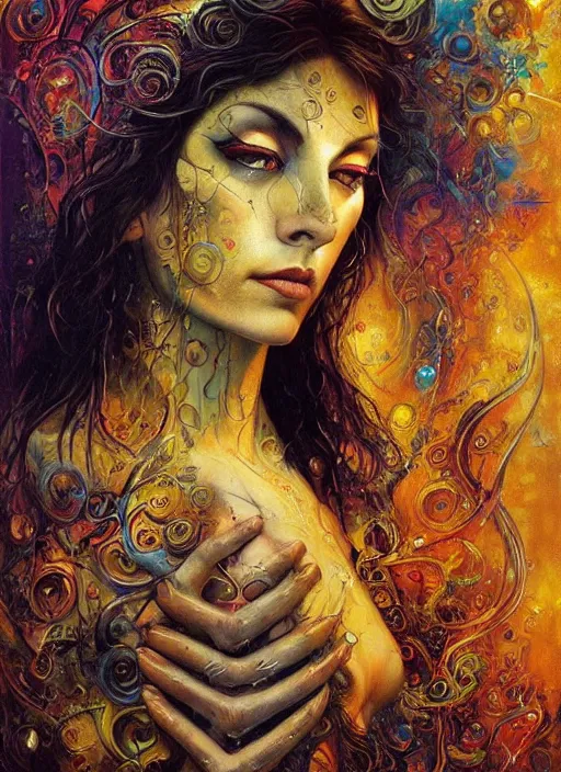 Prompt: magic enlightened cult psychic enchanted woman, painted face, third eye, energetic consciousness psychedelic scene, epic surrealism expressionism symbolism, perfect, by karol bak, louise dalh - wolfe, masterpiece