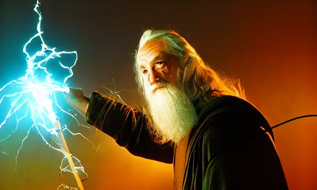 Prompt: cyber - gandalf with large robotic arm with electric arcs and sparks battling the balrog epic 3 5 mm photograph