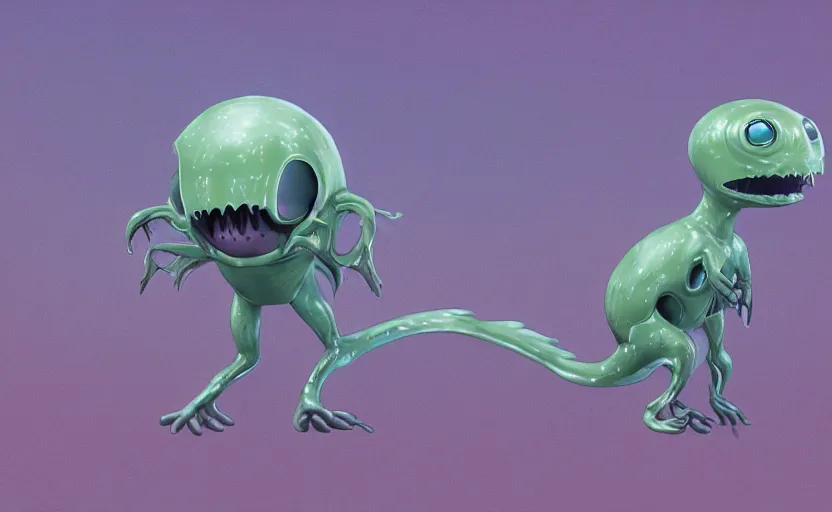 Image similar to highly detailed cell - shaded cartoon ofa miniature alien creature. 1 9 7 0 s science fiction, moody, misty, depth perception, 4 k, artstation, in the style of studio ghibli