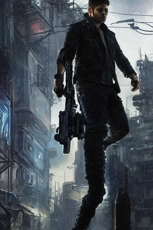 Prompt: a detailed full bodied matte portrait of an extremely handsome jensen ackles as time traveler walking down a dark alley of a futuristic dystopian cyberpunk city, holding a milkor mgl grenade launcher, aetherpunk, masterpiece, 8 k, art by greg rutkowski and albert bierstadt and arthur rackham and alphones mucha