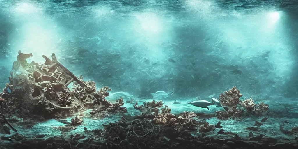 Prompt: underwater shipwreck surrounded by coral and dolphins and sea turtles, caustics, shallow depth of field, moody lighting, 8 k, concept art,