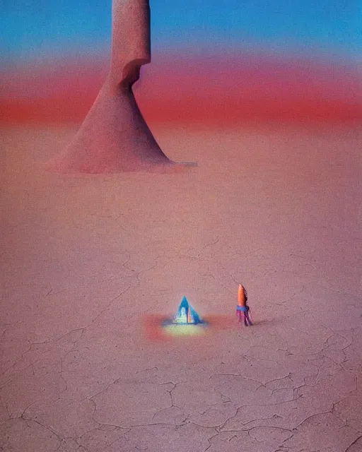 Prompt: surrealist pagan monument in the desert, strange surrealism, clean, in the style of surrealism by surrealistic beksinski dali, very bright colors