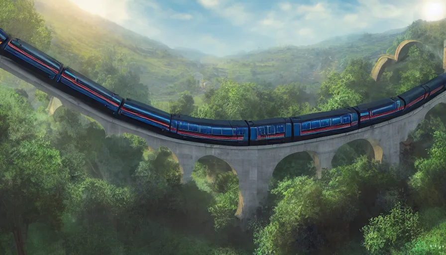 Image similar to futuristic train driving under aqueduct, green hills, matte painting, artstation, sunrise, blue sky, drone view