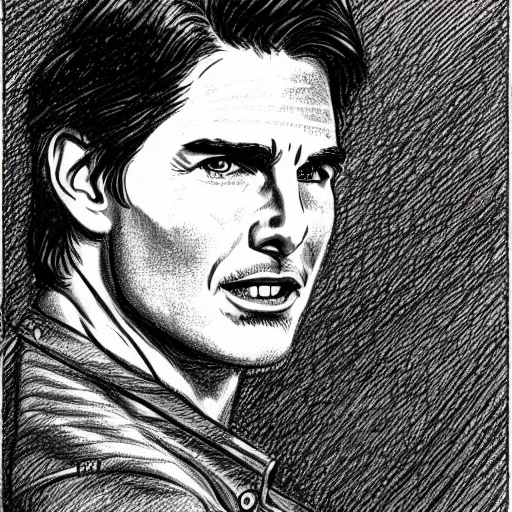 Image similar to a portrait drawing of Tom Cruise drawn by Robert Crumb