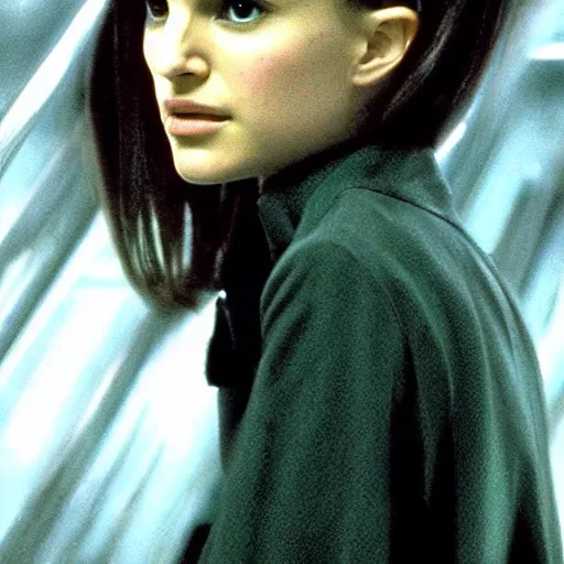 Image similar to Portrait of young Natalie Portman in a Matrix Movie, 4k cinematic quality, bluray image