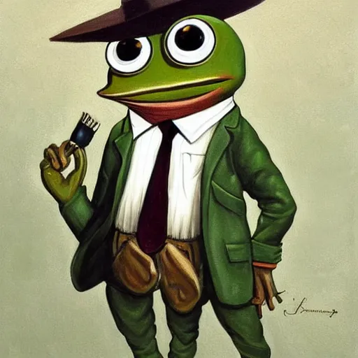 Image similar to pepe the frog in suit and tie, uncropped, painting by Joseph Christian Leyendecker