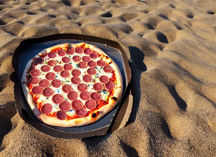 Prompt: clear highly detailed photorealistic food photograph of a wood oven cooked pizza with salami anchovies pepperoni loads of burned melted cheese lying on beach sand at sunset, waves next to it