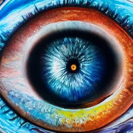 Image similar to a highly detailed photorealistic painting of a human eye reflecting outer space