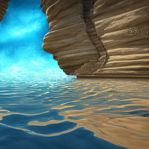 Prompt: a fantasy fan composed of water with ripples and a blue sky background, unreal engine