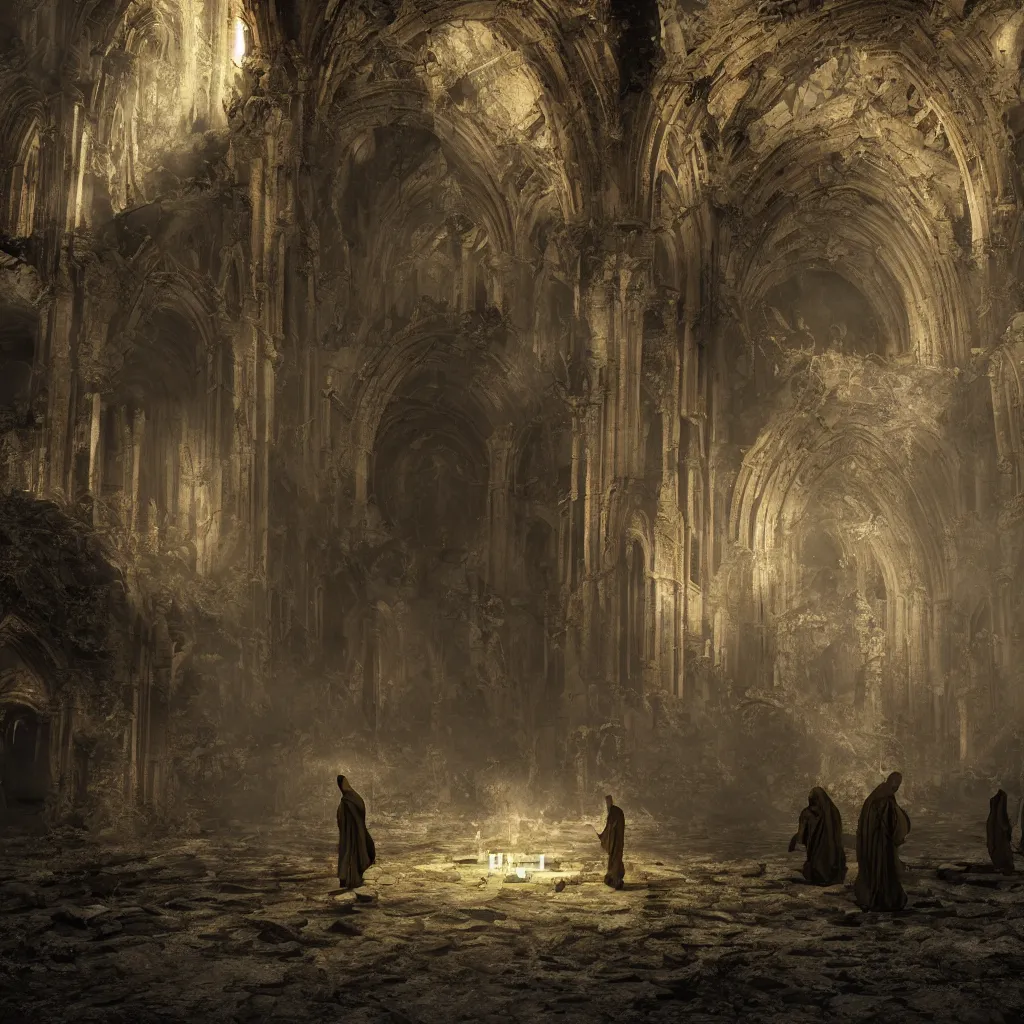 Image similar to Photorealistic strange dark monks perform a ritual in a ruined cathedral. Ominous storm clouds, strange levitating stones, stones falling from the sky, a gentle rising mist. occult photorealism, UHD, amazing depth, glowing, golden ratio, 3D octane cycle unreal engine 5, volumetric lighting, cinematic lighting, cgstation artstation concept art