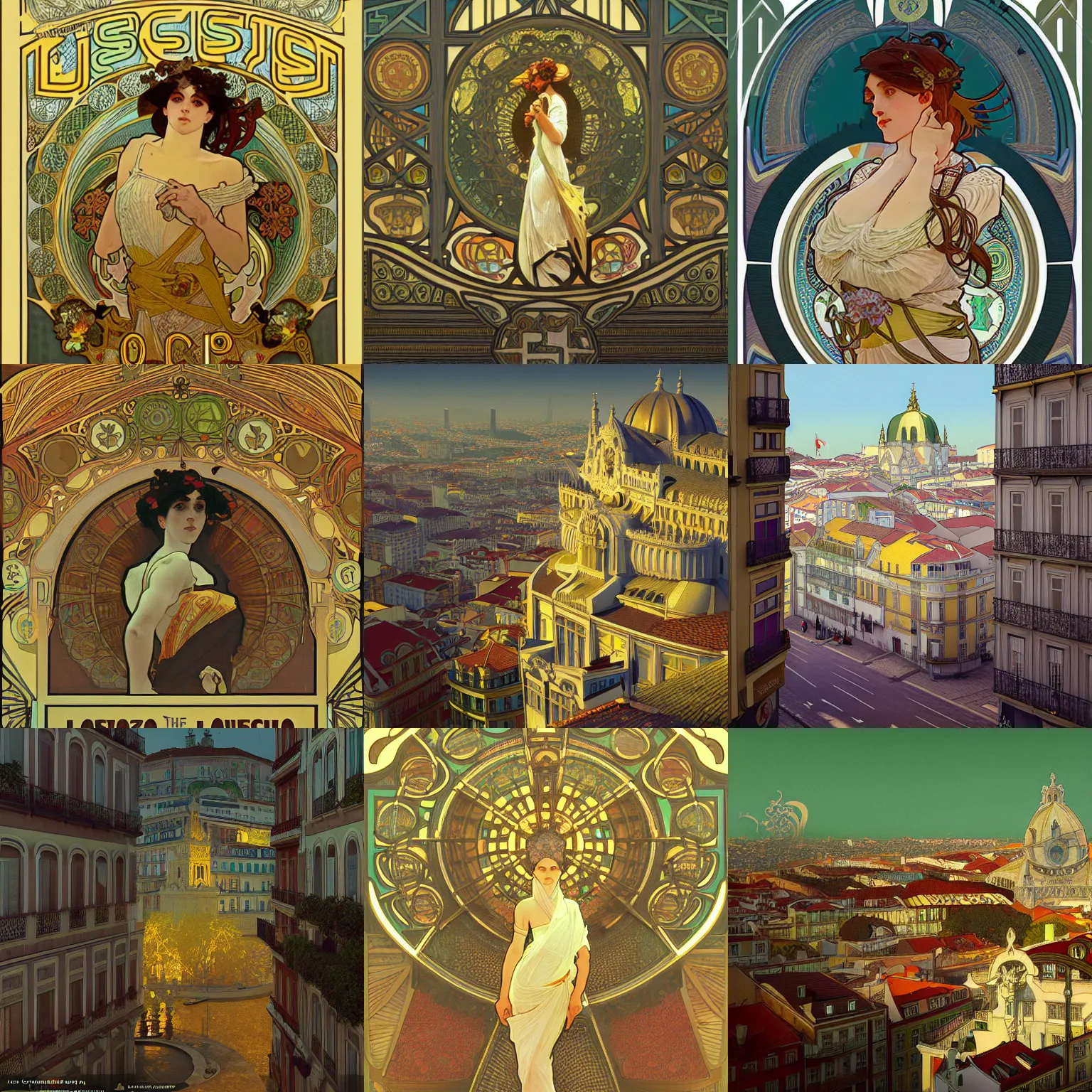 Prompt: The City of Lisbon, alphonse mucha, octane render,