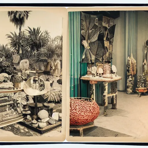 Image similar to An offset photography of an object on display, three colors, (anthropology of wonder), ((exotic artifacts)), bauhause, (tropicalism), (colonial expedition), exhibition, 60s style