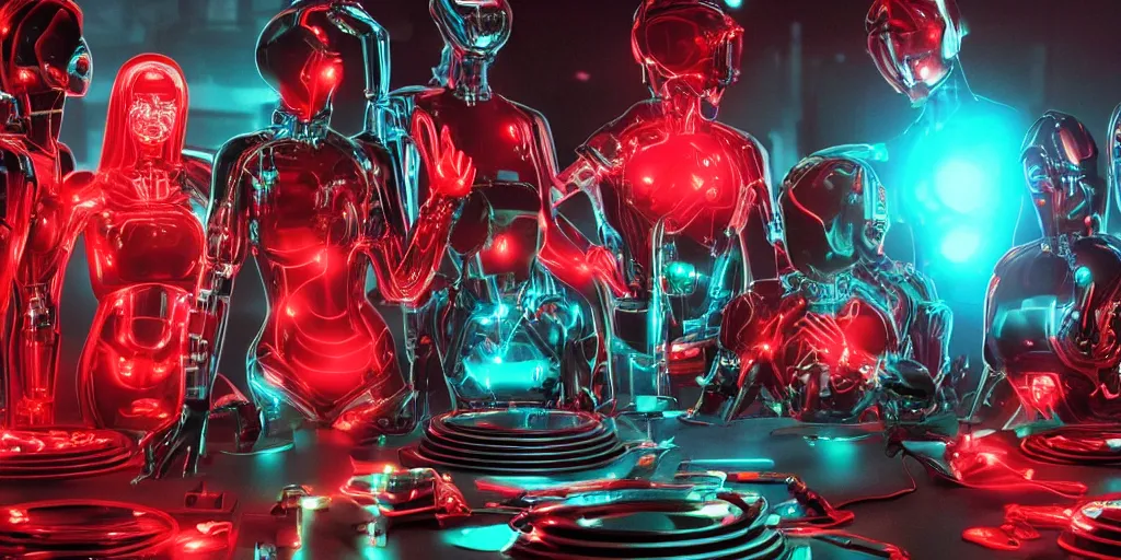 Image similar to !13 diverse cybersuits on !one_side of a reflective !cybernetic table, !!posing_as_last_supper cinematic lighting, detailed glowing red implants, teal, satin, !!highly detailed