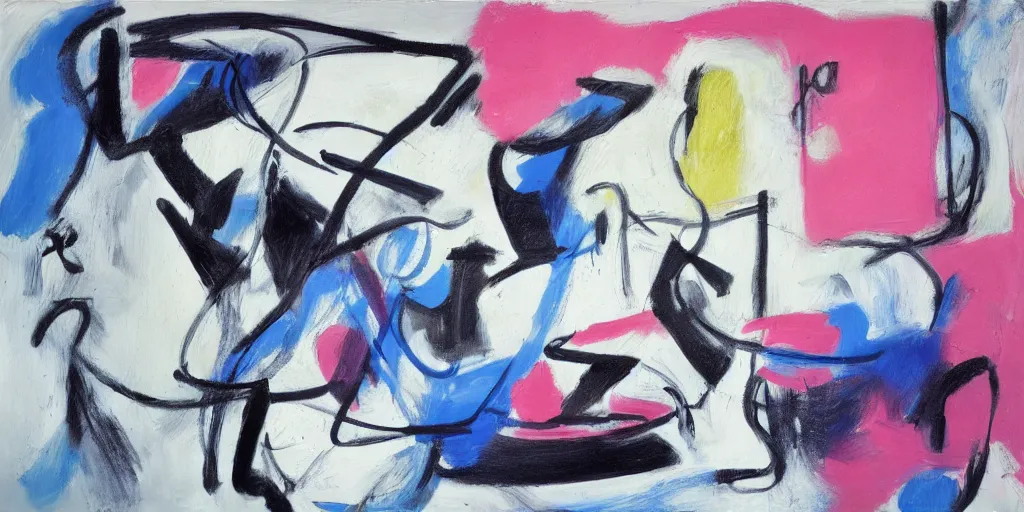 Prompt: black white painting de kooning thin scribble on white canvas, blue and pink shift, martha jungwirth sketch, panting by yves tanguy, formalist, oil on canvas, thick impasto