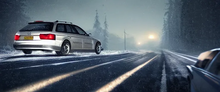 Image similar to Audi A4 B6 Avant (2002), a gritty neo-noir, dramatic bright lighting, cinematic, establishing shot, extremely high detail, photorealistic, cinematic lighting, artstation, by simon stalenhag, Snowy mountain road, At night