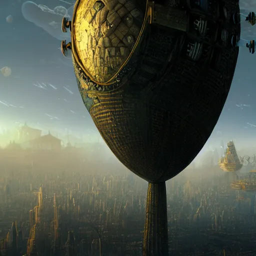 Image similar to enormous flying city in a faberge egg, sky, steampunk, fantasy art, masterpiece, hugh ferriss, octane render, peder balke