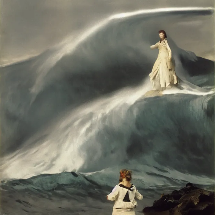 Image similar to a woman wearing wrapped in plastic, standing in front of a giant tsunami wave, color photograph, by john singer sargent, canon eos c 3 0 0, ƒ 1. 8, 3 5 mm, 8 k, medium - format print