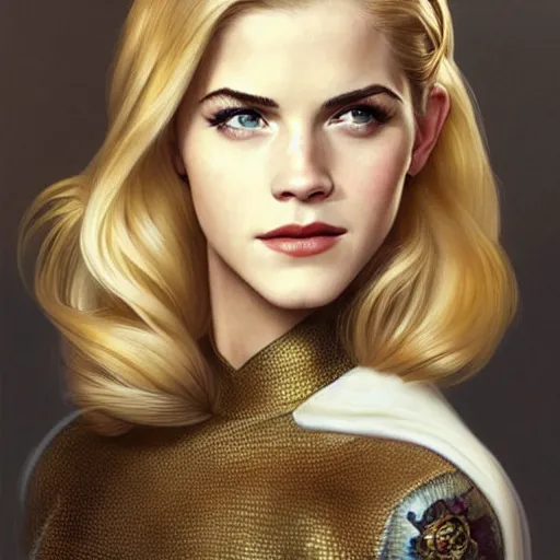 Image similar to A combination of Katheryn Winnick's and Grace Kelly's and Emma Watson's faces with blonde hair as Kid Flash, western, D&D, fantasy, intricate, elegant, highly detailed, digital painting, artstation, concept art, matte, sharp focus, illustration, art by Artgerm and Greg Rutkowski and Alphonse Mucha