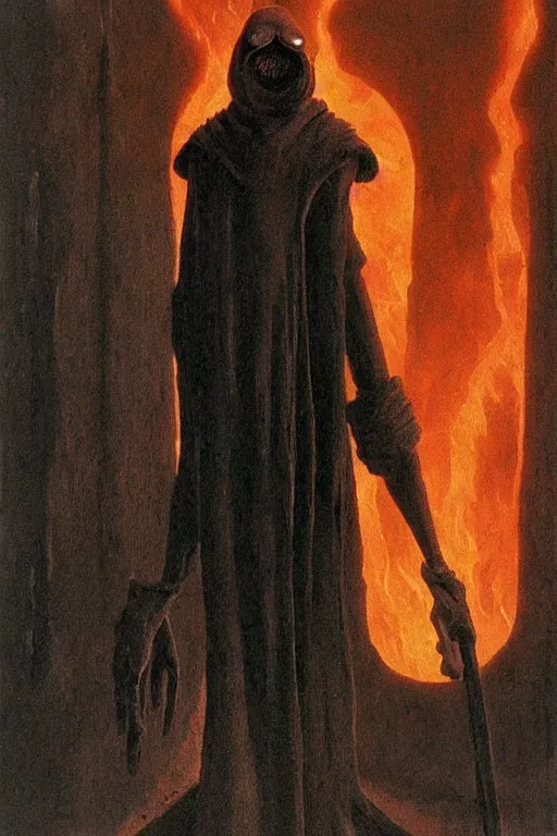 Image similar to plague doctor from iron gridle but human form, destroyed city and flames by zdzislaw beksinski