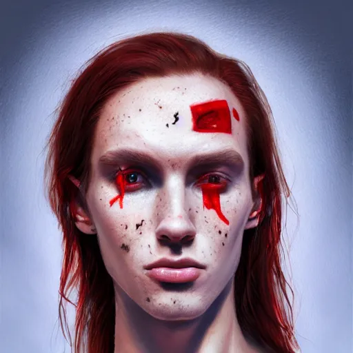 Image similar to portrait of a thin young man with long red hair, ponytail, a big scars, big gash on face, freckles on his face, an earring, intricate, elegant, glowing lights, highly detailed, digital painting, artstation, concept art, smooth, sharp focus, illustration