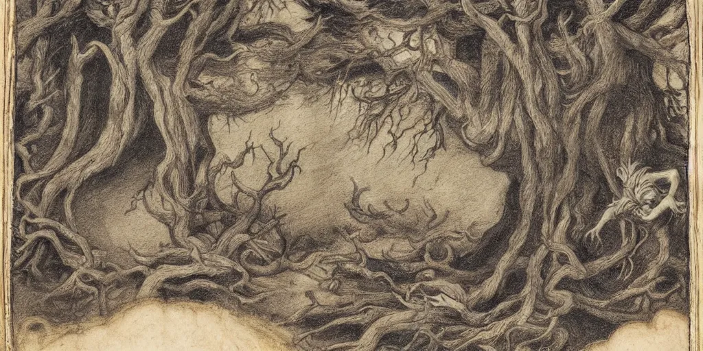 Image similar to expressive cloaked flowing shadow demon lurking in a dense creepy, mythical woodland. beautiful angles holding golden chains in the sky. 1 7 th century colored graphite heightened with opaque paints miniature on vellum.