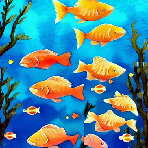 Image similar to A school of fish swimming in a coral reef, watercolor, trending on artstation, by studio Ghibli