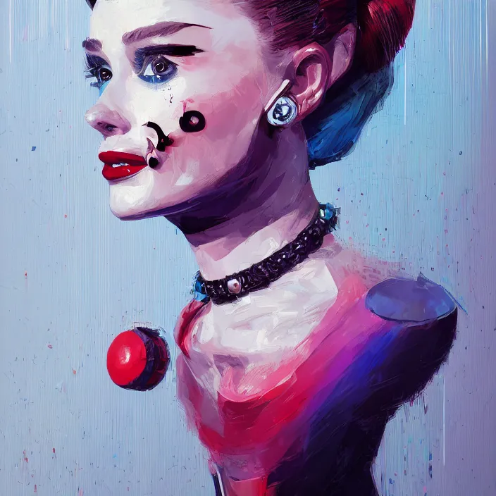 Image similar to portrait of Audrey Hepburn as a harley quinn. intricate abstract. intricate artwork. by Tooth Wu, wlop, beeple, dan mumford. octane render, trending on artstation, greg rutkowski very coherent symmetrical artwork. cinematic, hyper realism, high detail, octane render, 8k, iridescent accents