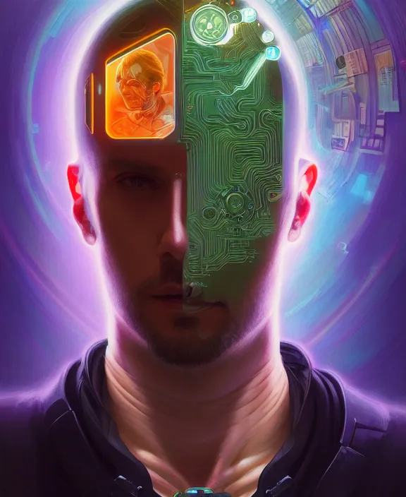 Image similar to a whirlwind inside the metaverse, guy, male, man, hologram, half body, neurochip, android, cyborg, cyberpunk face, by loish, d & d, fantasy, intricate, elegant, highly detailed, colorful, digital painting, artstation, concept art, art by artgerm and greg rutkowski and alphonse mucha