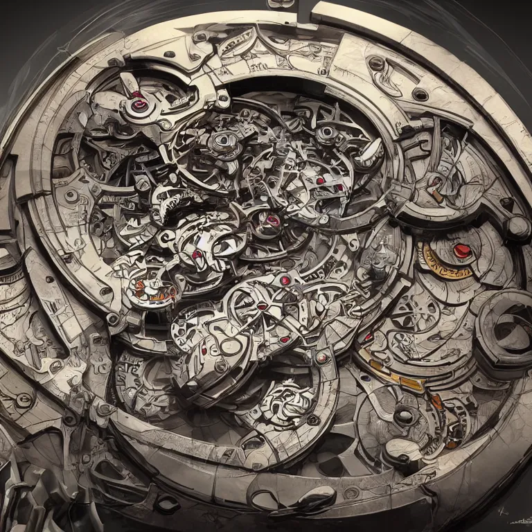 Image similar to fine art painting of the inner workings of a complex timepiece, artstation, cgsociety, very detailed, intricate, detailed illustration