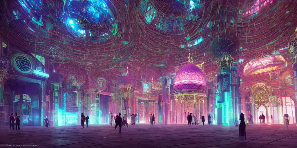 Prompt: Photorealistic cyberpunk mosque in crowded Tokyo night, with great domes and arches, cyan and pink neon lights, people and androids wearing traditional japanese clothing. Hyperdetailed photorealism, UHD, amazing depth, glowing rich colors, golden ration, 3D octane cycle unreal engine 5, 3d shading, cinematic lighting, artstation concept art