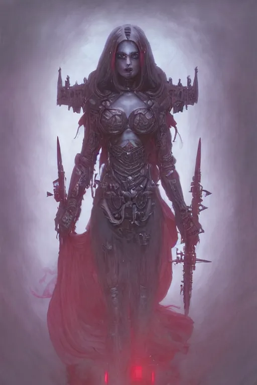 Prompt: Portrait of beautiful pale warhammer 40000 goth maiden, dark fantasy, red light, digital illustration, intricate, highly detailed, smooth, artstation, painted by Wayne Barlowe and Greg Rutkowski and zdislav beksinski and Ruan Jia and Mandy Jurgens and Artgerm and william-adolphe bouguereau