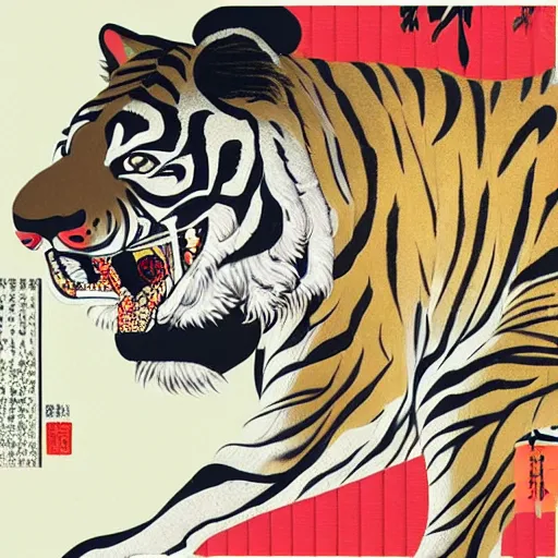 Image similar to a delorean protecting a tiger, japanese magazine collage, art by hsiao - ron cheng and utagawa kunisada