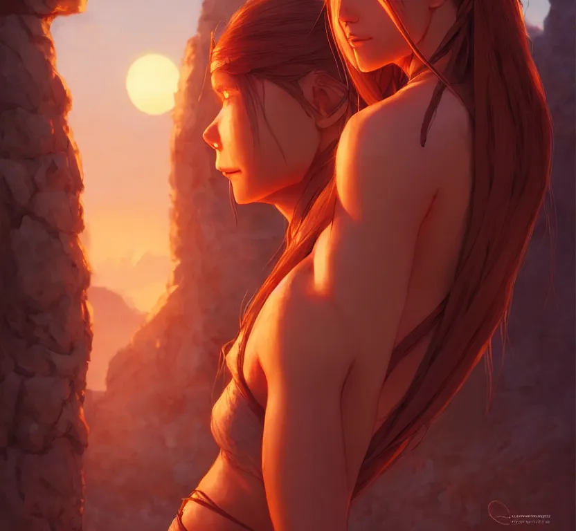 Image similar to long ginger hair, tanned woman in a prehistoric outfit, by artgerm, hair tied in a ponytail, soft lighting, night scene, by greg rutkowski makoto shinkai takashi takeuchi