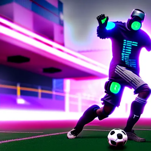 Prompt: a cyberpunk cyborg kicking a soccer ball in a soccer game, hyperrealistic, unreal engine, 4 k, 3 d
