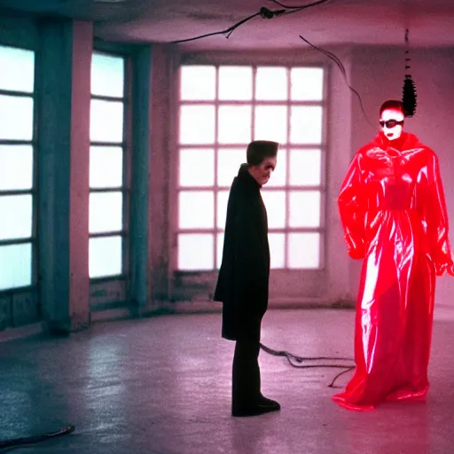 Prompt: cinematic portrait of a runaway bride of frankenstein replicant with bright make up and a red translucent plastic raincoat in an empty room, still from the movie bladerunner, fashion photography, a neon sign is in the background