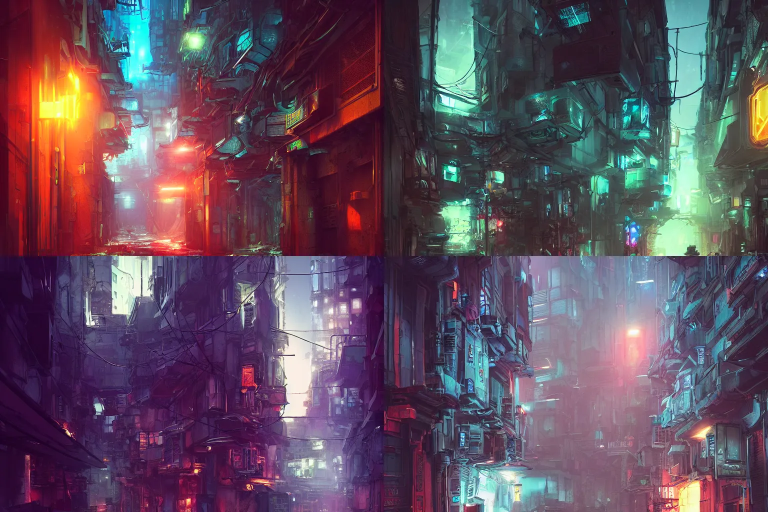 Prompt: concept art of an alley in a futuristic city by liam wong and marc simonetti, matte, detailed, wide angle, atmospheric, cinematic