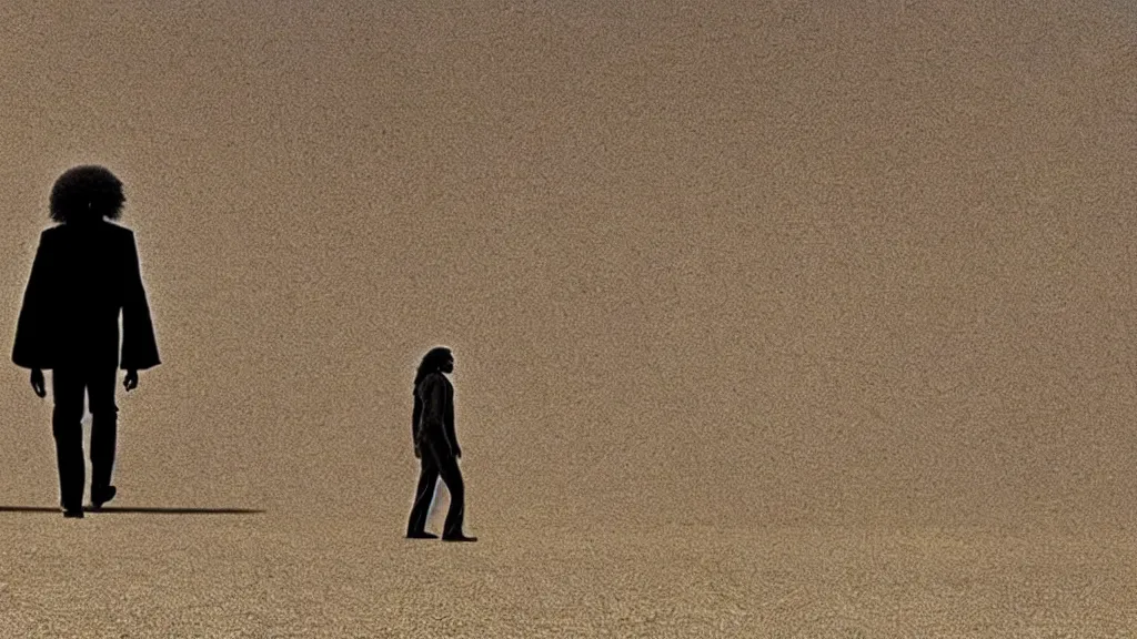 Prompt: photo from distance of a black man with long curly hair, carrying a electric guitar, walking out of from the universe's door, film still from the movie directed by Denis Villeneuve with art direction by Zdzisław Beksiński, wide lens