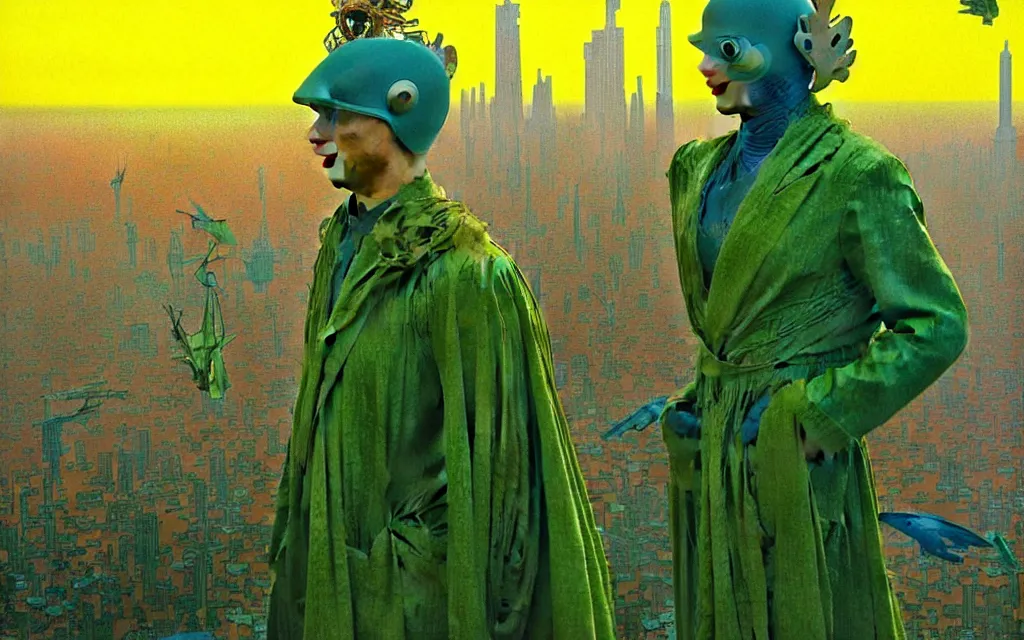 Image similar to realistic detailed portrait movie shot of a birdman wearing green robes, futuristic city sunset landscape background by denis villeneuve, yves tanguy, alphonse mucha, ernst haeckel, max ernst, roger dean, masterpiece, rich moody colours, ethereal, occult, blue eyes