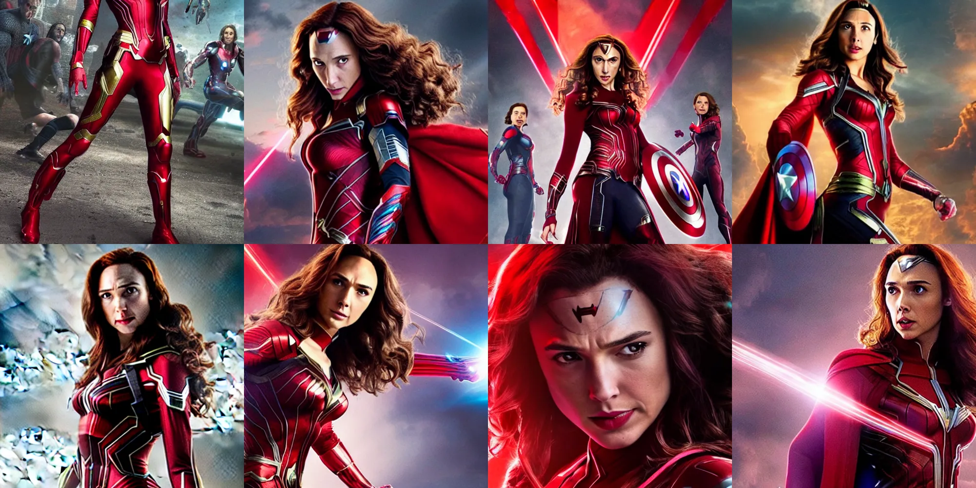 Prompt: screenshot of 2015 age of ultron avengers movie gal gadot as scarlet witch