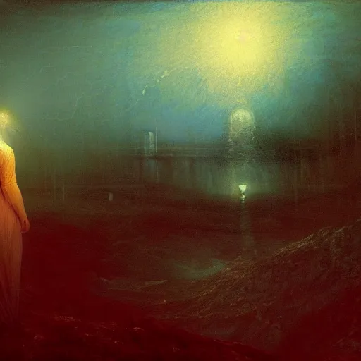 Image similar to a young woman lucid dreaming in cyberspace photoreal, atmospheric, by william turner, beksinski, caspar david friedrich, oil painting, romantism, realism, limited palette